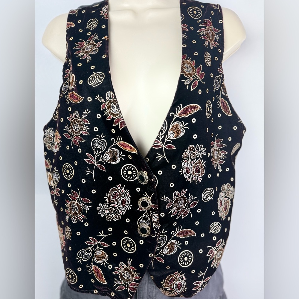 Michele Leslie Vintage Floral Paisley Black Satin Vest